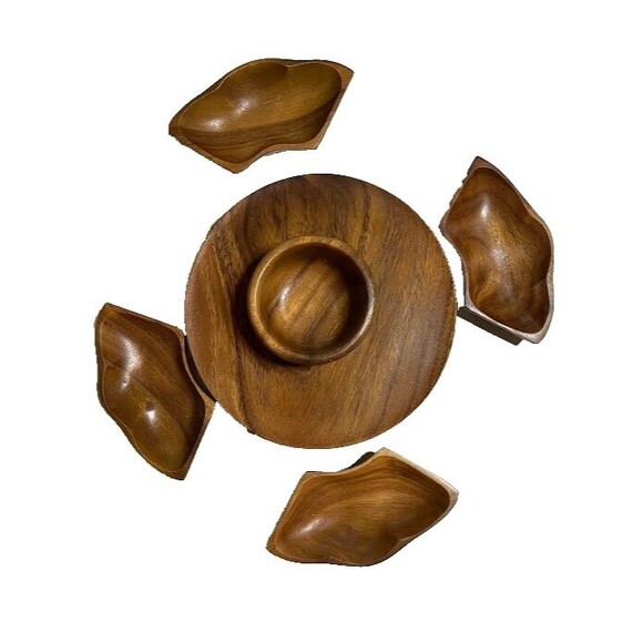Vintage Monkey Pod Wood Lazy Susan 6pc Condiment Server MCM Removable Bowls - Picture 2 of 4